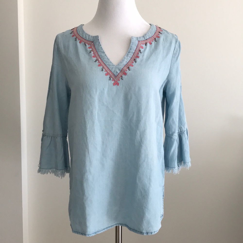 Shoulder Grazing Jean Colored Tunic Beaded Top